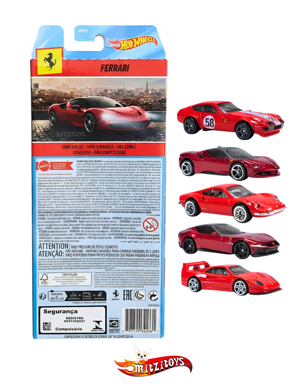 Ferrari 5 Pack / Dino 206 GT, SF90 Stradale, 365 GTB 4, 12CILINDRI, F40 Competizione - Hot Wheels