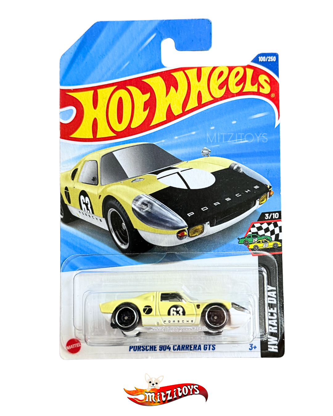 Porsche 904 Carrera GTS; Amarillo; #100/250; HW Race Day (3/10); Hot Wheels Básico