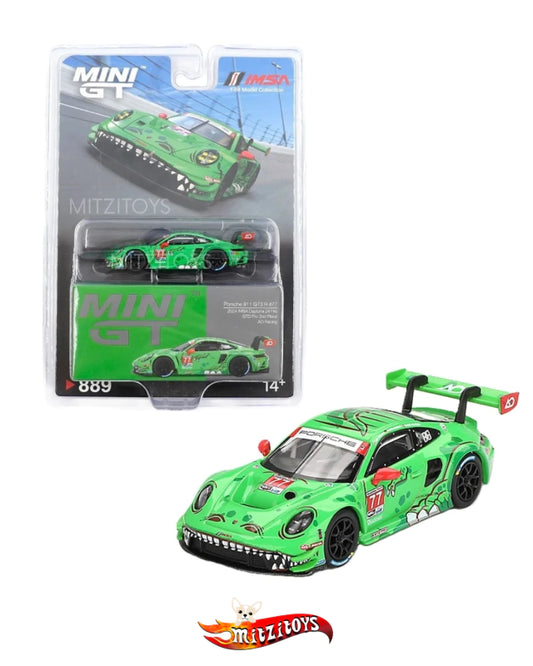 Porsche 911 GT3 R #77 AO Racing "Rexy" - Mini GT (#889) 2da Edición - IMSA Daytona 24 Hrs