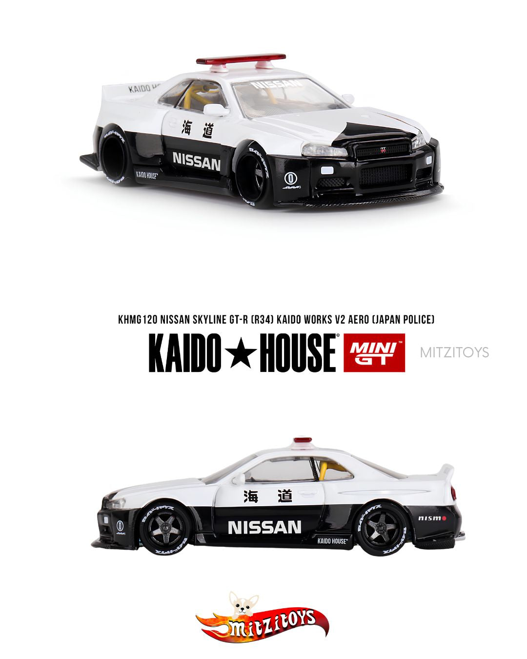 Nissan Skyline GT-R (R34) Kaido Works V2 Aero (Japan Police) #120 - Kaido House x Mini GT 1:64