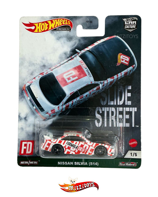 Nissan Silvia (S14) - Slide Street; Blanco / Rojo; #1/5; Hot Wheels Premium Escala 1:64 (Formula Drift)