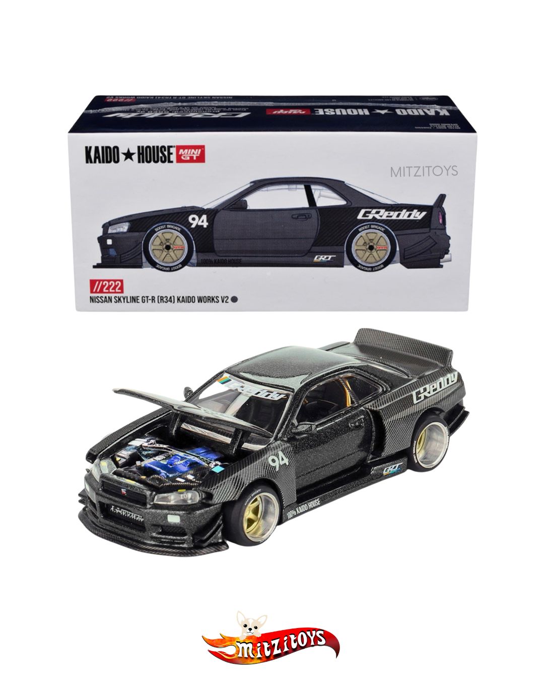 Nissan Skyline GT-R R34 Works V2 (222) - GReddy - Kaido House × Mini GT 1:64