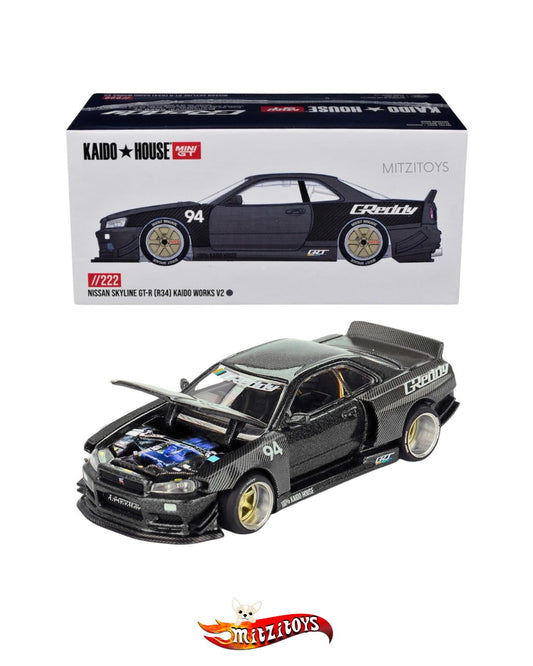 Nissan Skyline GT-R R34 Works V2 (222) - GReddy - Kaido House × Mini GT 1:64
