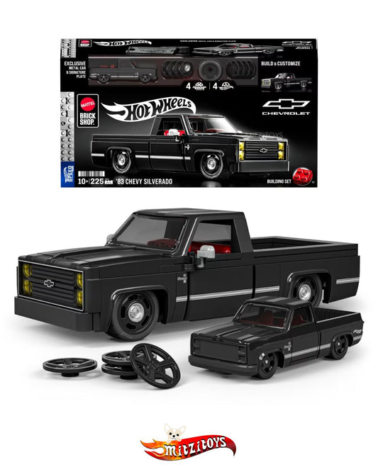 '83 Chevy Silverado Building Set (Mattel Brick Shop) + Auto a Escala 1:64 Exclusivo- Hot Wheels