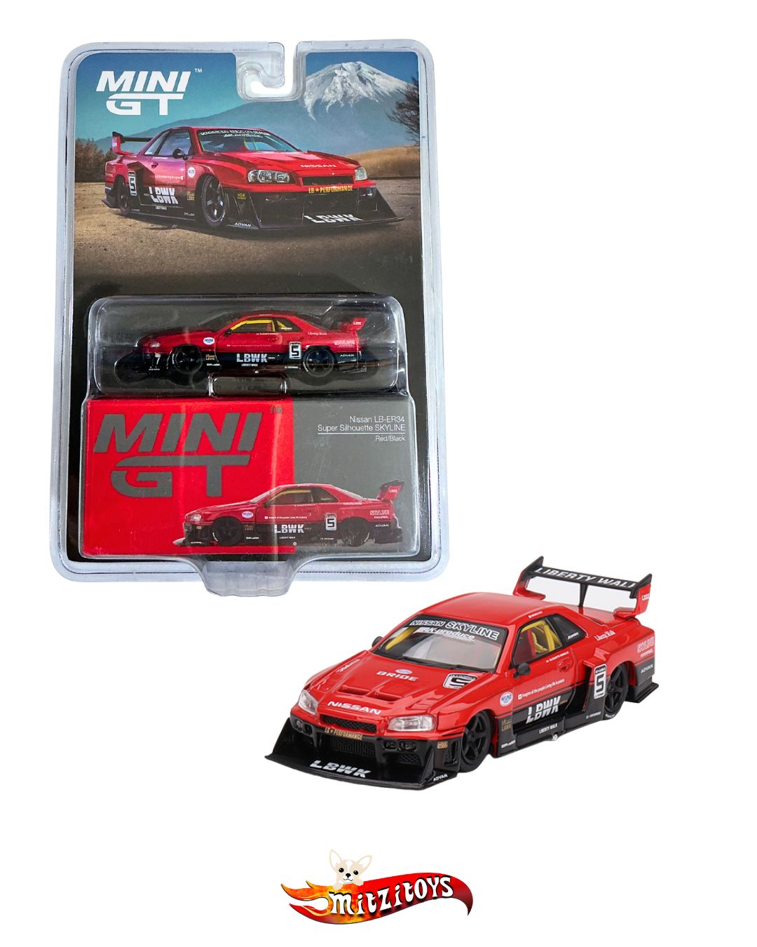 Nissan LB-ER34 Super Silhouette Skyline; Rojo / Negro; #266; Liberty Walk; Mini GT Escala 1:64 (Blíster Edition)