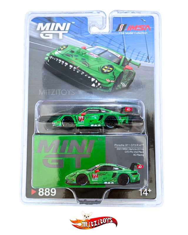 Porsche 911 GT3 R #77 AO Racing "Rexy" - Mini GT (#889) 2da Edición - IMSA Daytona 24 Hrs