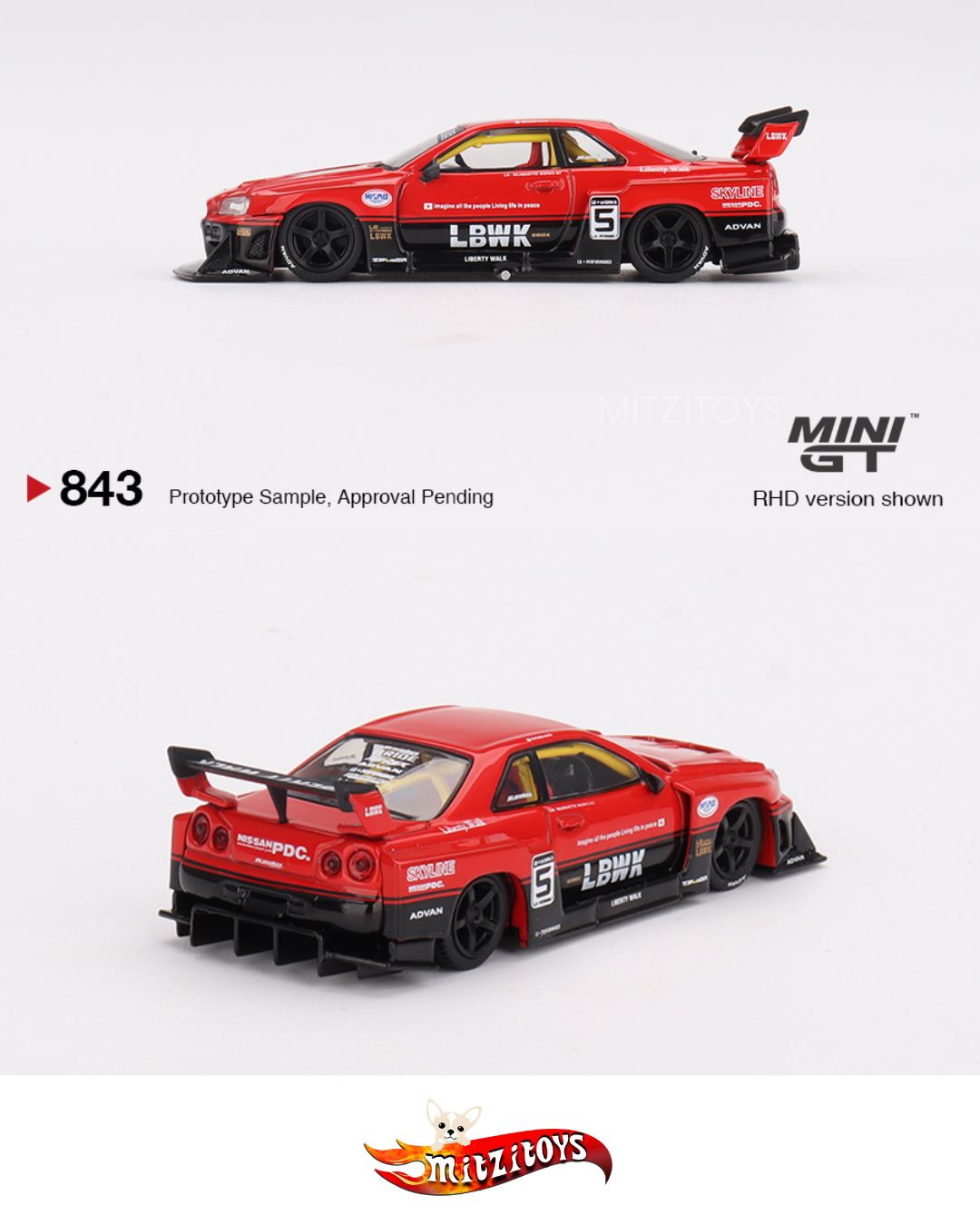 Nissan LB-ER34 Super Silhouette Skyline; Rojo / Negro; #266; Liberty Walk; Mini GT Escala 1:64 (Blíster Edition)