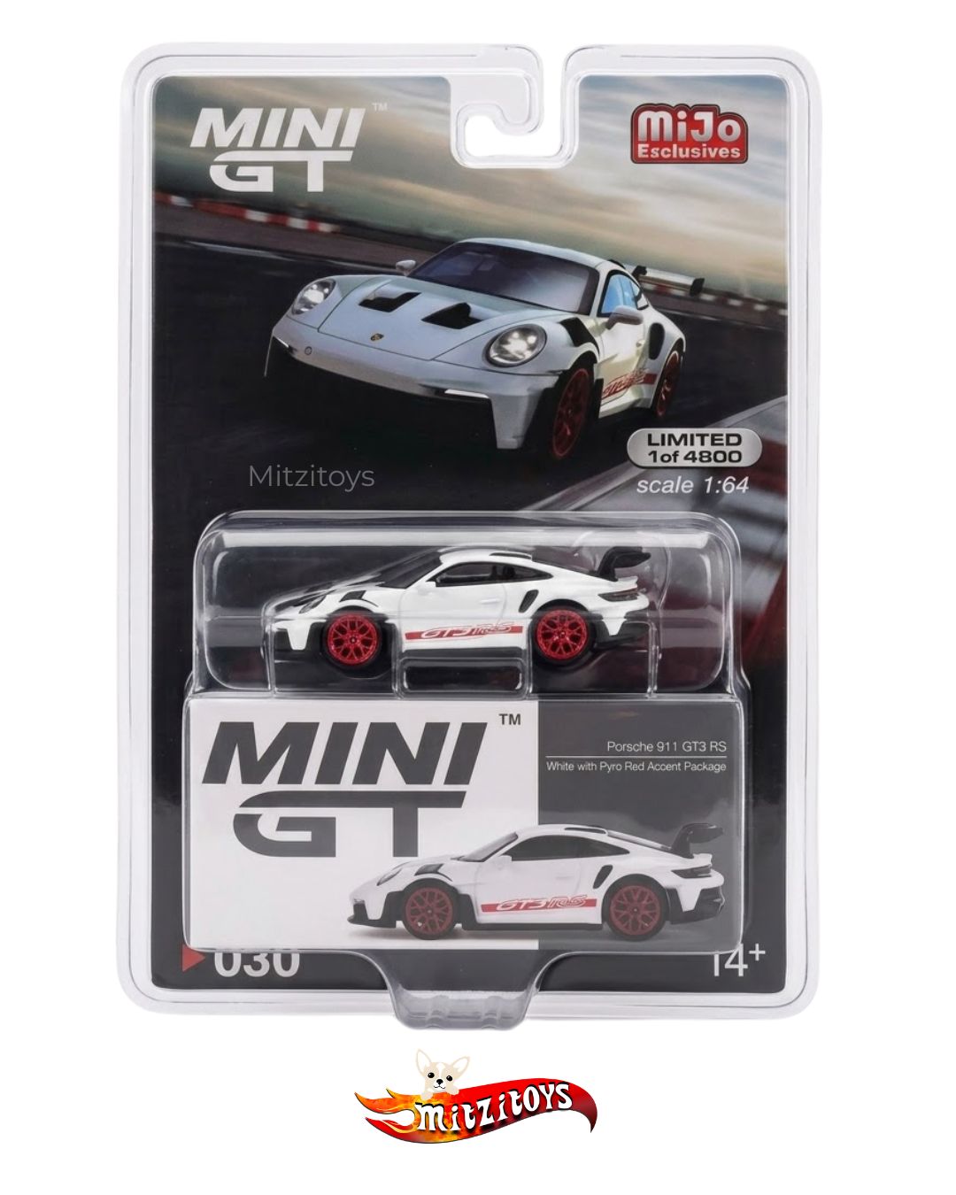 Porsche 911 GT3 RS (White with Pyro Red Accent Package) (#630) - MiJo Exclusives - MINI GT