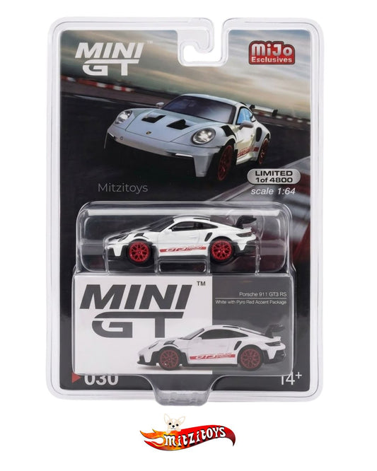 Porsche 911 GT3 RS (White with Pyro Red Accent Package) (#630) - MiJo Exclusives - MINI GT