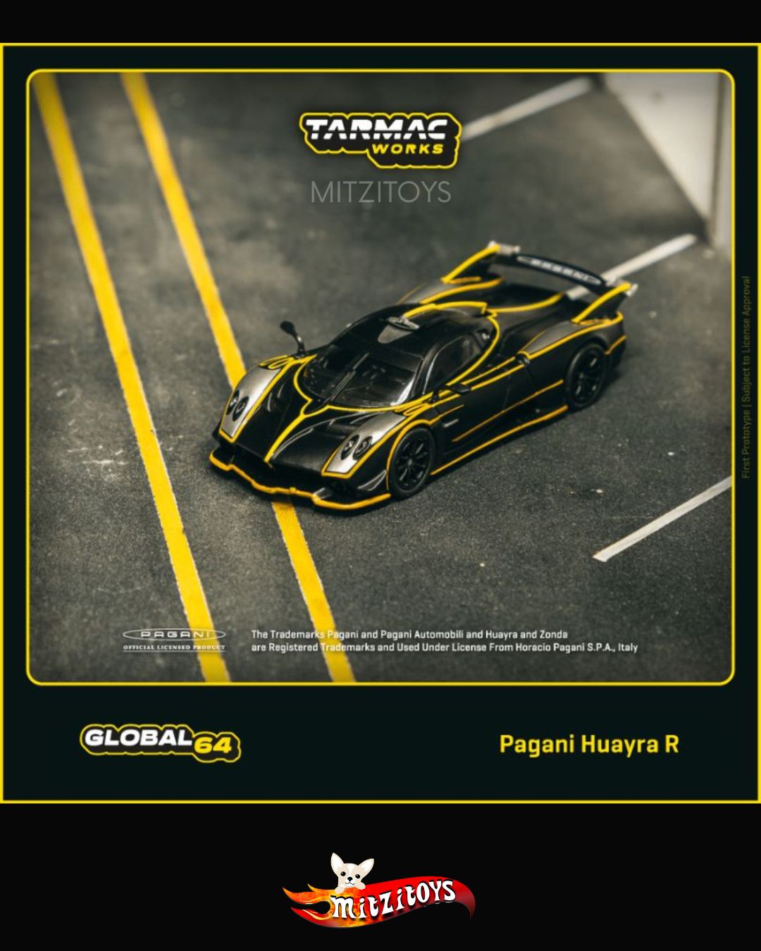 Pagani Huayra R Tarmac Works Escala 1:64 ; Negro / Líneas Amarillas; (Mijo Exclusives Limited Edition)