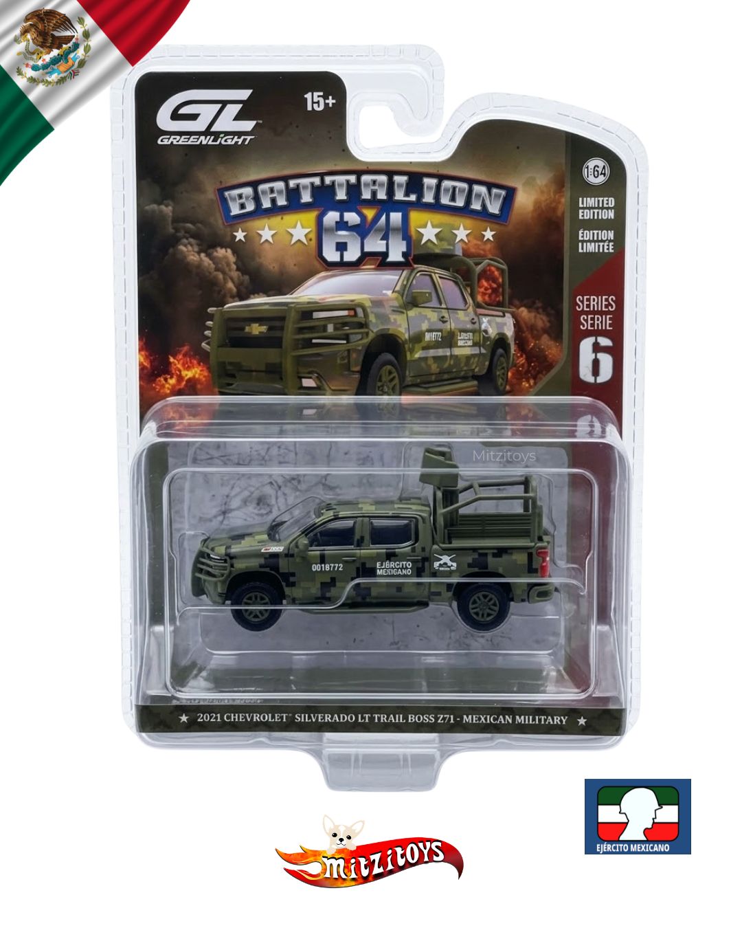 2021 Chevrolet Silverado LT Trail Boss Z71 - Militar México- Battalion 64 Series 6 - GreenLight 