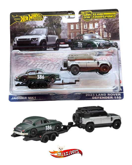 Jaguar Mk1 y 2023 Land Rover Defender 110 con Remolque (#74) - Car Culture Team Transport - Hot Wheels Premium