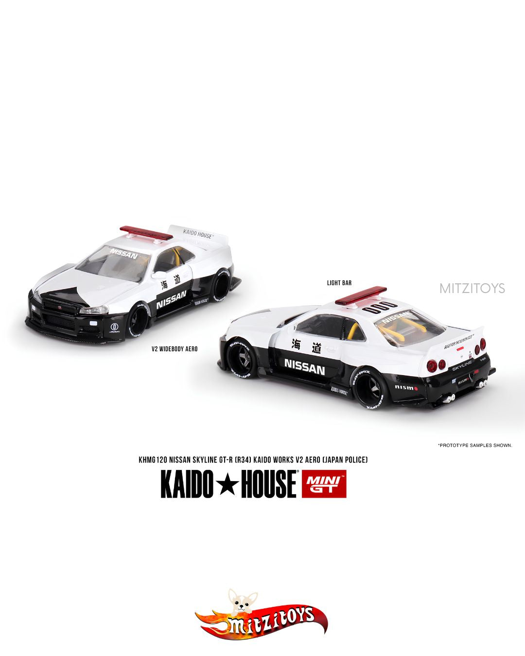 Nissan Skyline GT-R (R34) Kaido Works V2 Aero (Japan Police) #120 - Kaido House x Mini GT 1:64