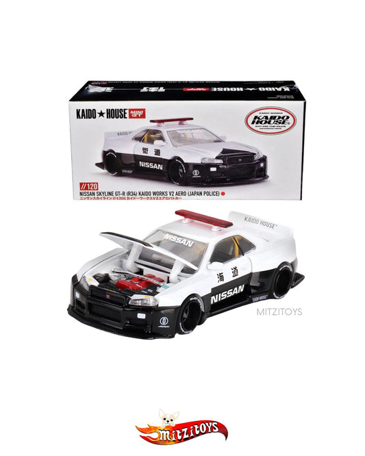 Nissan Skyline GT-R (R34) Kaido Works V2 Aero (Japan Police) #120 - Kaido House x Mini GT 1:64
