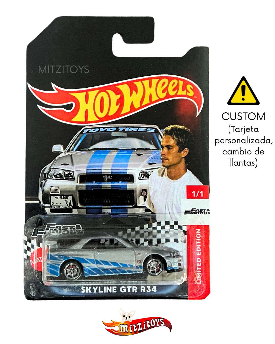 Nissan Skyline GT-R (R34) Fast & Furious "Brian O'Conner"; Plateado / Azul; Edición Custom (Tarjeta Personalizada y Cambio de Llantas); Hot Wheels Escala 1:64