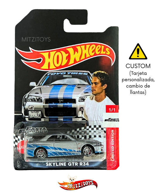Nissan Skyline GT-R (R34) Fast & Furious "Brian O'Conner"; Plateado / Azul; Edición Custom (Tarjeta Personalizada y Cambio de Llantas); Hot Wheels Escala 1:64