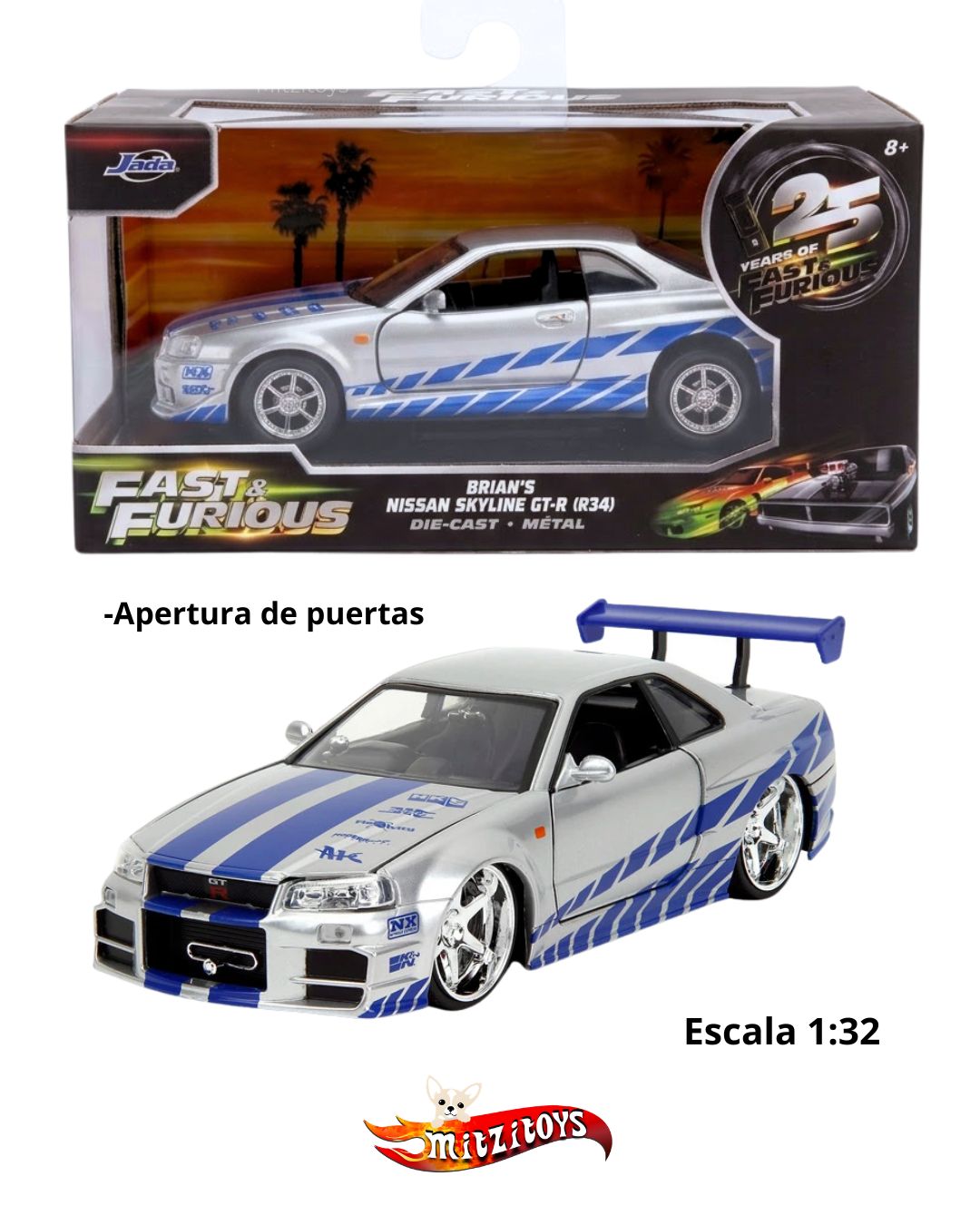 Brian's Nissan Skyline GT-R (R34) Fast & Furious (Escala 1:32) - Jada Toys
