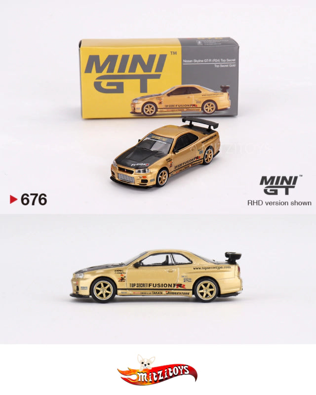 Nissan Skyline GT-R (R34) Top Secret - Mini GT #676 - Top Secret Gold (RHD)