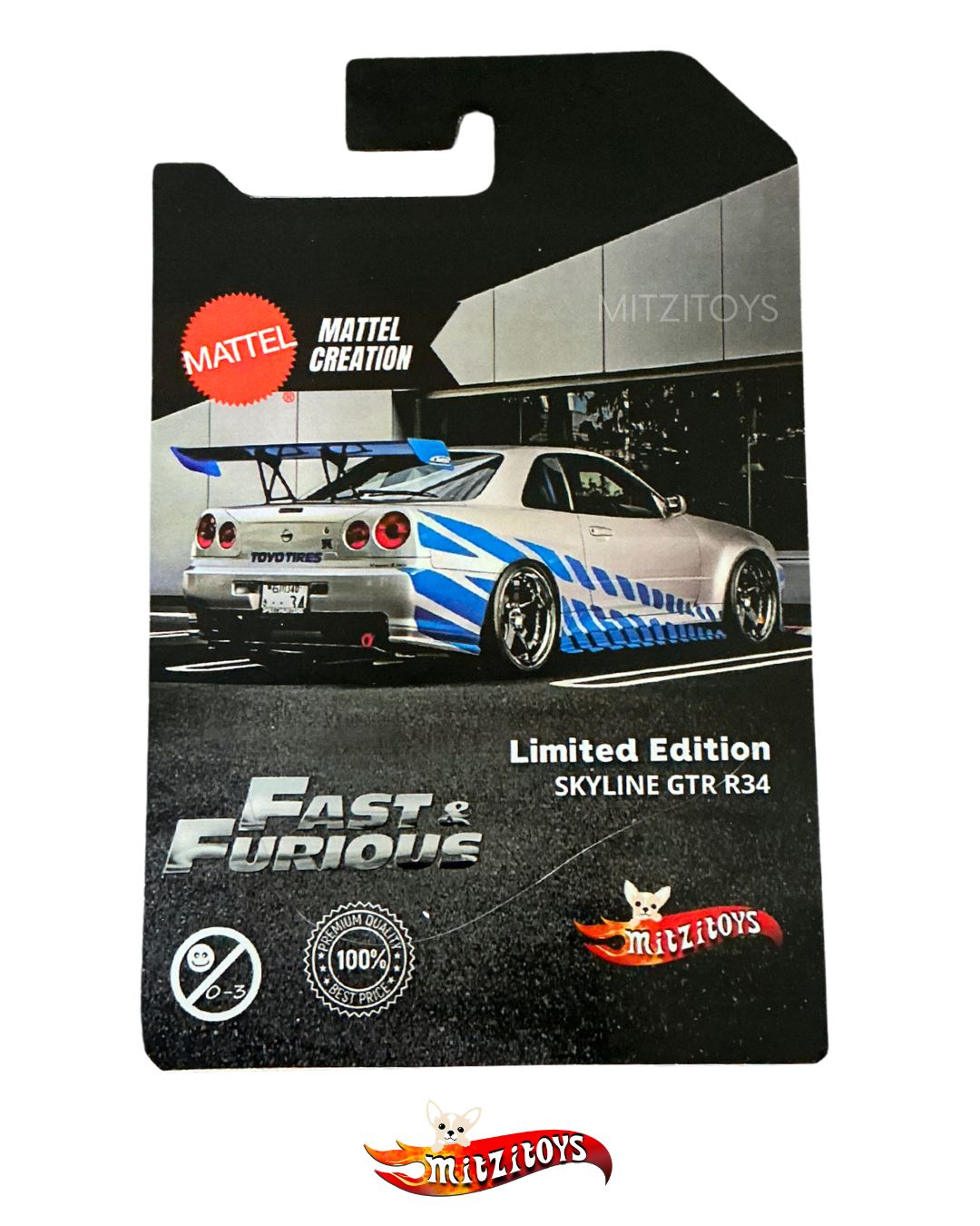 Nissan Skyline GT-R (R34) Fast & Furious "Brian O'Conner"; Plateado / Azul; Edición Custom (Tarjeta Personalizada y Cambio de Llantas); Hot Wheels Escala 1:64