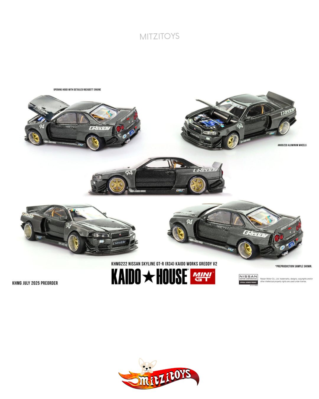 Nissan Skyline GT-R R34 Works V2 (222) - GReddy - Kaido House × Mini GT 1:64
