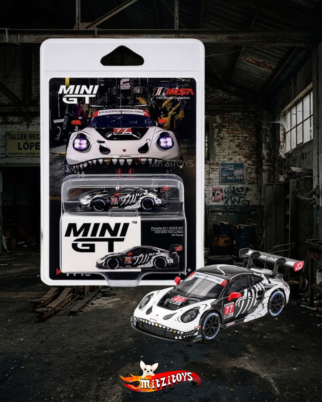 Porsche Rexy Skeletor 911 GT3 R #77 - AO Racing 2023 IMSA Petit Le Mans - Mini GT 1:64