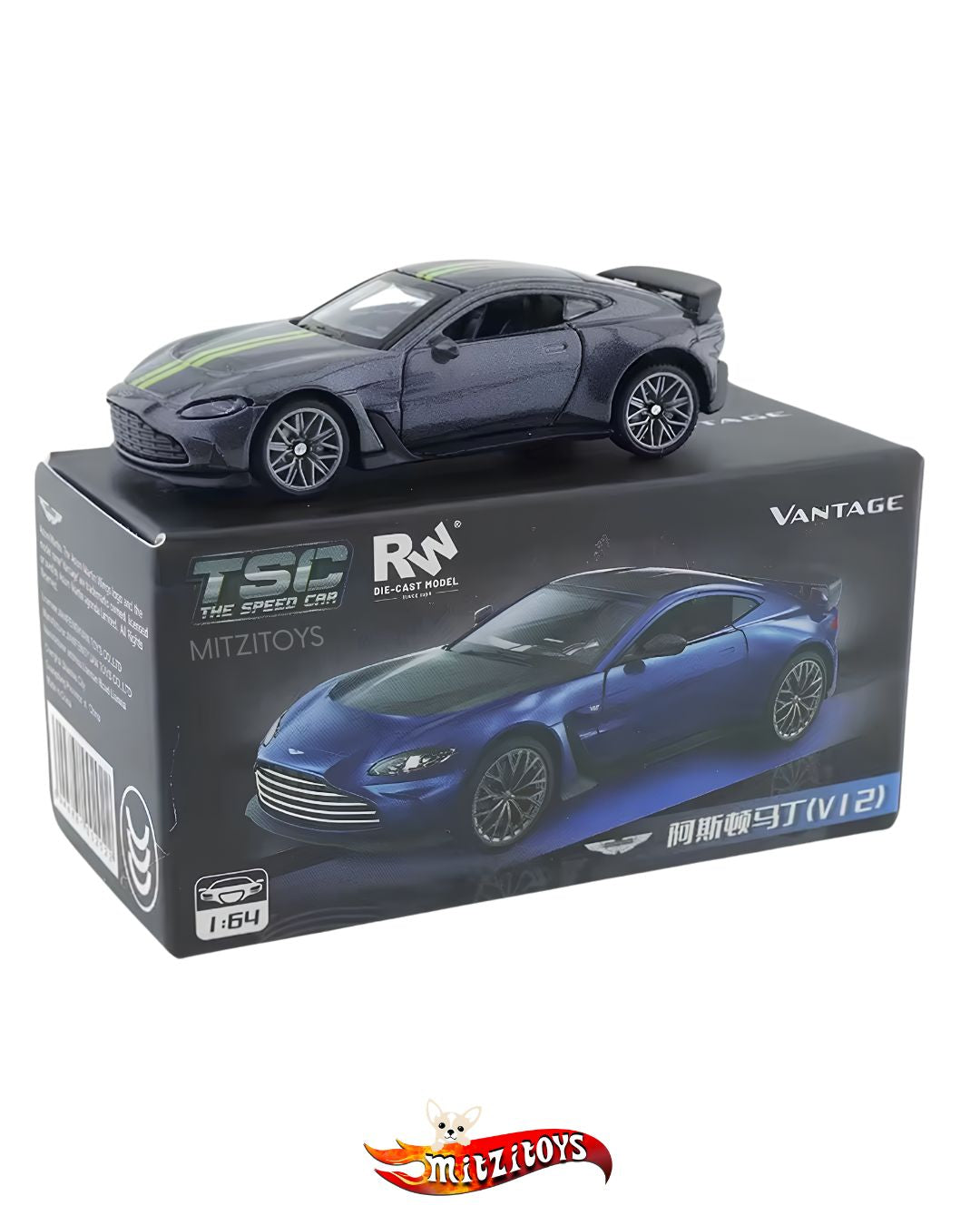 Aston Martin V12 Vantage Dark Grey / Lime Stripes - TSC / RW Die-Cast Model 1:64